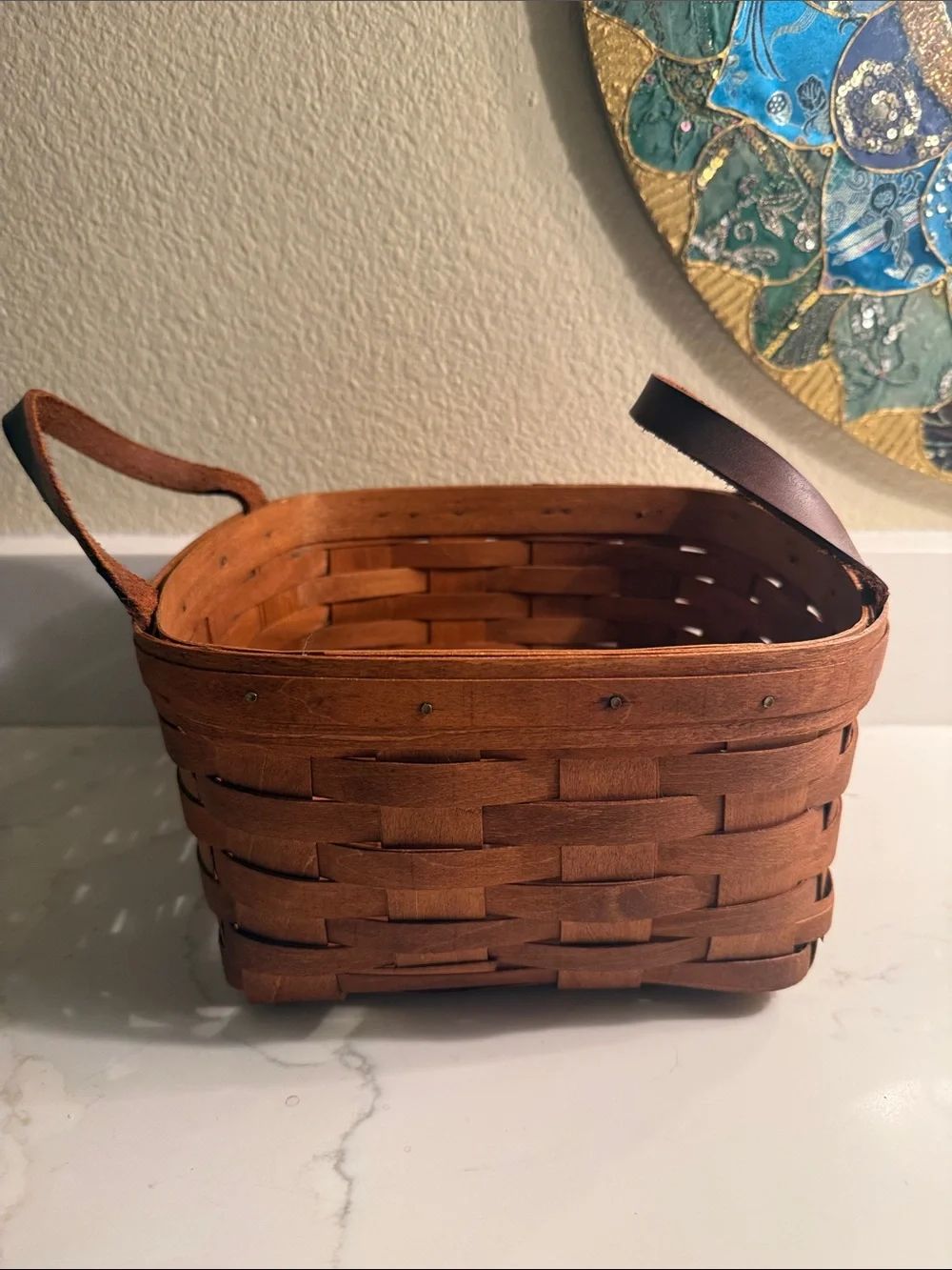 Vintage 19th Century Handwoven Wooden Basket with Leather Handles Signed